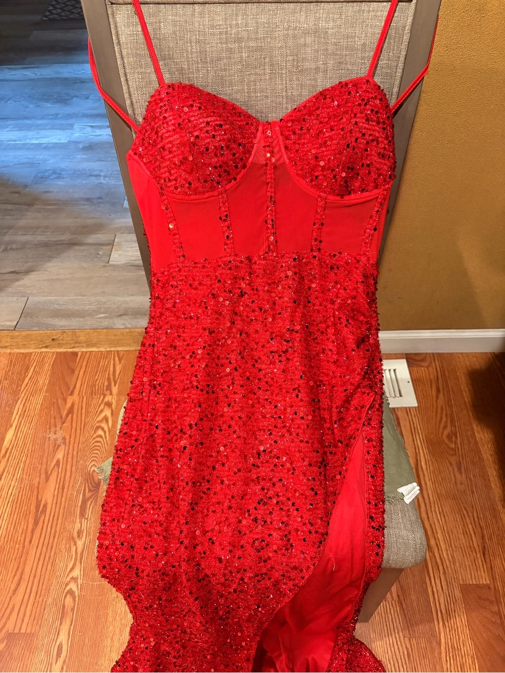 Red Sequin Spaghetti-Strap Prom Dress